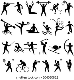 Set of sports icons black color: basketball, soccer, hockey, tennis, skiing, boxing, cycling, golf, baseball, gymnastics, shooting, rugby, gymnastics, American football, power lifting, kayaking,