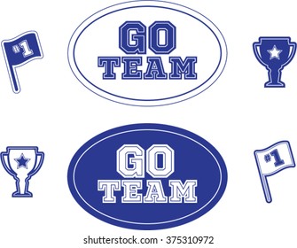 Set of sports icons in blue on a white background. Vector collection of sports fans signs and symbols. Go Team logo and sign text.