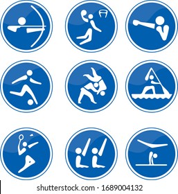 Set of sports icons. Boxe, Basketball, swimming, soccer, badminton, gymnastics, tennis, 