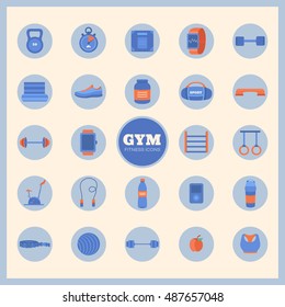 Set of sports icons. Collection gym and fitness elements: kettlebell, dumbbell, barbell, sports nutrition, fitball, running shoes, stationary bike, jump rope and others. Sport concept. Flat style.
