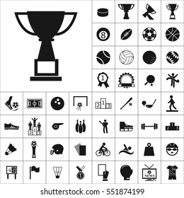 Set of Sports Icons. Contains such Icons as Wineglass, Medallion, Ragby Ball, Soccer Ball,Bowling,Muscle, Swimming, Skiing, Volleyball and more. Editable Vector. Pixel Perfect.