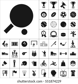 Set of Sports Icons. Contains such Icons as Wineglass, Medallion, Ragby Ball, Soccer Ball,Bowling,Muscle, Swimming, Skiing, Volleyball and more. Editable Vector. Pixel Perfect.