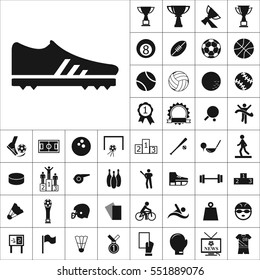 Set of Sports Icons. Contains such Icons as Wineglass, Medallion, Ragby Ball, Soccer Ball,Bowling,Muscle, Swimming, Skiing, Volleyball and more. Editable Vector. Pixel Perfect.
