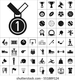 Set of Sports Icons. Contains such Icons as Wineglass, Medallion, Ragby Ball, Soccer Ball,Bowling,Muscle, Swimming, Skiing, Volleyball and more. Editable Vector. Pixel Perfect.
