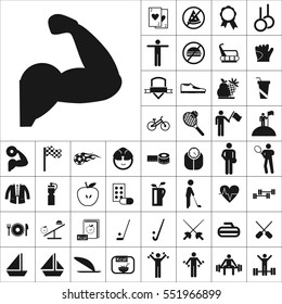 Set of Sports Icons. Contains such Icons as Apple, Medallion, Golf, Ship,Bowling,Muscle, Kcal, Skiing, Volleyball and more. Editable Vector. Pixel Perfect.
