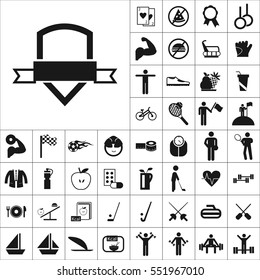 Set of Sports Icons. Contains such Icons as Apple, Medallion, Golf, Ship,Bowling,Muscle, Kcal, Skiing, Volleyball and more. Editable Vector. Pixel Perfect.
