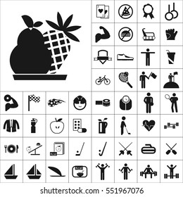 Set of Sports Icons. Contains such Icons as Apple, Medallion, Golf, Ship,Bowling,Muscle, Kcal, Skiing, Volleyball and more. Editable Vector. Pixel Perfect.
