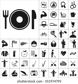 Set of Sports Icons. Contains such Icons as Apple, Medallion, Golf, Ship,Bowling,Muscle, Kcal, No Fastfood, Swimming and more. Editable Vector. Pixel Perfect.
