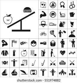 Set of Sports Icons. Contains such Icons as Apple, Medallion, Golf, Ship,Bowling,Muscle, Kcal, No Fastfood, Swimming and more. Editable Vector. Pixel Perfect.
