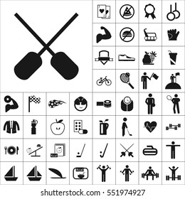 Set of Sports Icons. Contains such Icons as Apple, Medallion, Golf, Ship,Bowling,Muscle, Kcal, No Fastfood, Swimming and more. Editable Vector. Pixel Perfect.

