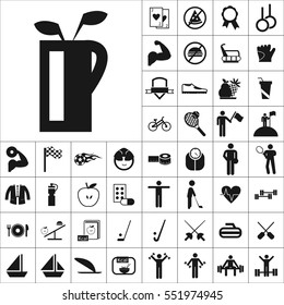 Set of Sports Icons. Contains such Icons as Apple, Medallion, Golf, Ship,Bowling,Muscle, Kcal, No Fastfood, Swimming and more. Editable Vector. Pixel Perfect.
