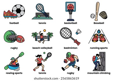 A set of sports icons, including soccer, tennis, basketball, baseball, and more. Concept of athleticism and fun