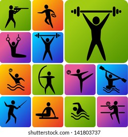 Set of sports icons: shooting, rugby, gymnastics, American, football, power lifting, kayaking, canoeing, barbell, weightlifting, water polo, archery, fencing, swimming, volleyball