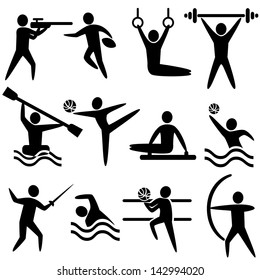 Set of sports icons: shooting, rugby, gymnastics, American, football, power lifting, kayaking, canoeing, barbell, weightlifting, water polo, archery, fencing, swimming, volleyball,