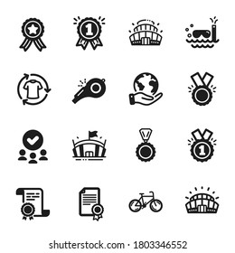 Set of Sports icons, such as Approved, Arena. Certificate, approved group, save planet. Whistle, Sports stadium, Arena stadium. Honor, Bicycle, Reward. Certificate, Scuba diving, Medal. Vector