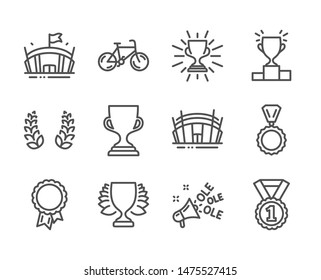 Set of Sports icons, such as Arena stadium, Award cup, Arena, Best rank, Bicycle, Winner podium, Winner, Ole chant, Medal, Laurel wreath, Success, Trophy line icons. Sport complex, Trophy. Vector