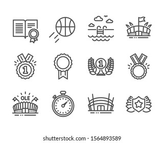 Set of Sports icons, such as Sports arena, Swimming pool, Arena stadium, Diploma, Laureate award, Reward, Honor, Timer, Approved, Basketball, Laureate line icons. Event stadium, Basin. Vector