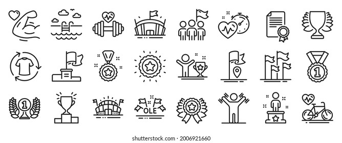 Set of Sports icons, such as Sports arena, Ole chant, Dumbbells workout icons. Winner star, Winner cup, Leadership signs. Cardio training, Cardio bike, Laureate award. Certificate, Flag. Vector