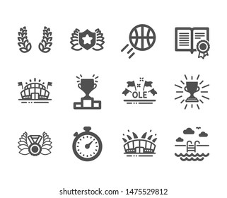 Set of Sports icons, such as Basketball, Diploma, Arena stadium, Trophy, Laureate, Ole chant, Laureate medal, Swimming pool, Laurel wreath, Winner podium, Sports arena, Timer. Basketball icon. Vector