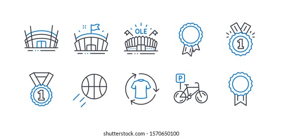 Set of Sports icons, such as Basketball, Approved, Arena, Best rank, Change clothes, Arena stadium, Success, Bicycle parking, Reward line icons. Sport ball, Winner badge. Line basketball icon. Vector