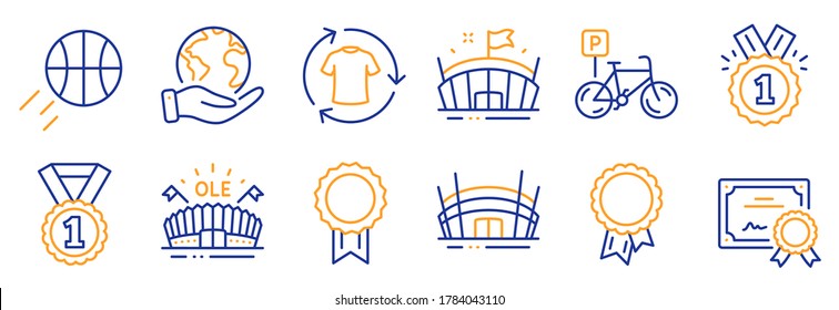 Set of Sports icons, such as Basketball, Approved. Certificate, save planet. Arena, Best rank, Change clothes. Arena stadium, Success, Bicycle parking. Reward line icons. Vector