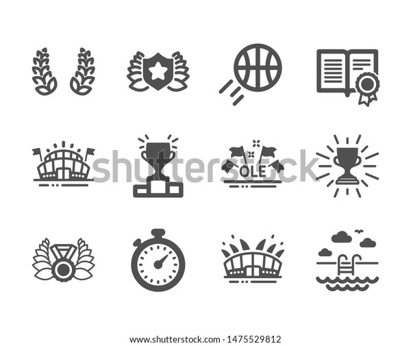 Set of Sports icons, such as Basketball, Diploma,
Arena stadium, Trophy, Laureate, Ole chant, Laureate medal,
Swimming pool, Laurel wreath, Winner podium, Sports arena, Timer.
Basketball icon. Vector