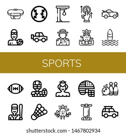 Set of sports icons such as Belt pouch, Waterpolo, Baseball, Off road, Punching ball, Ranger, Bet, Surfing, Racing car, Surf, American football, Shuttlecock, Sumo, Exercise , sports