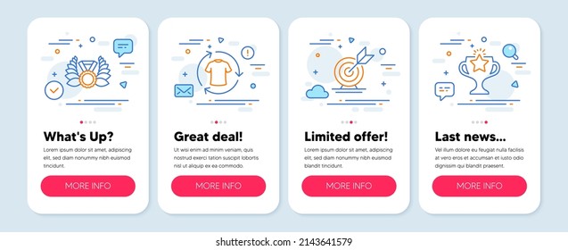 Set of Sports icons, such as Change clothes, Target goal, Laureate medal symbols. Mobile screen app banners. Victory line icons. Shirt, Successful business, Laurel wreath. Championship prize. Vector