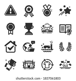 Set of Sports icons, such as Honor, Scuba diving, Award cup symbols. Sports arena, Arena stadium, Winner cup signs. Laurel wreath, Reward, Diploma. Change clothes, Ole chant, Winner ribbon. Vector