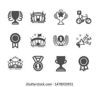 Set of Sports icons, such as Laureate award, Arena stadium, Best rank, Bicycle parking, Award cup, Winner, Ole chant, Sports arena, Success, Reward, Victory classic icons. Laureate award icon. Vector