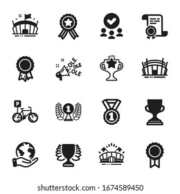 Set of Sports icons, such as Laureate award, Arena stadium. Certificate, approved group, save planet. Best rank, Bicycle parking, Award cup. Winner, Ole chant, Sports arena. Vector