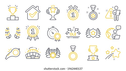 Set of Sports icons, such as Reward, Laureate medal, Arena stadium symbols. Laurel wreath, Winner cup, Ole chant signs. Approved, Victory, Whistle. Laureate, Winner podium, Medal. Vector