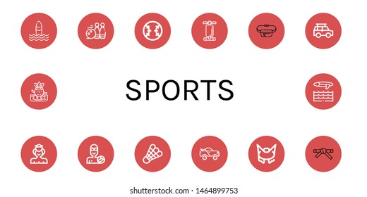 Set of sports icons such as Surf, Bowling pins, Baseball, Abdominal bench, Belt pouch, Off road, Sumo, Waterpolo, Shuttlecock, Racing car, Bungee jumping, Black belt , sports