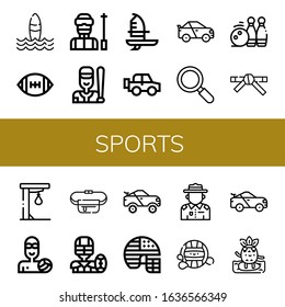 Set of sports icons. Such as Surf, American football, Ski, Baseball, Windsurf, Off road, Racing car, Active, Bowling pins, Black belt, Punching ball, Waterpolo , sports icons