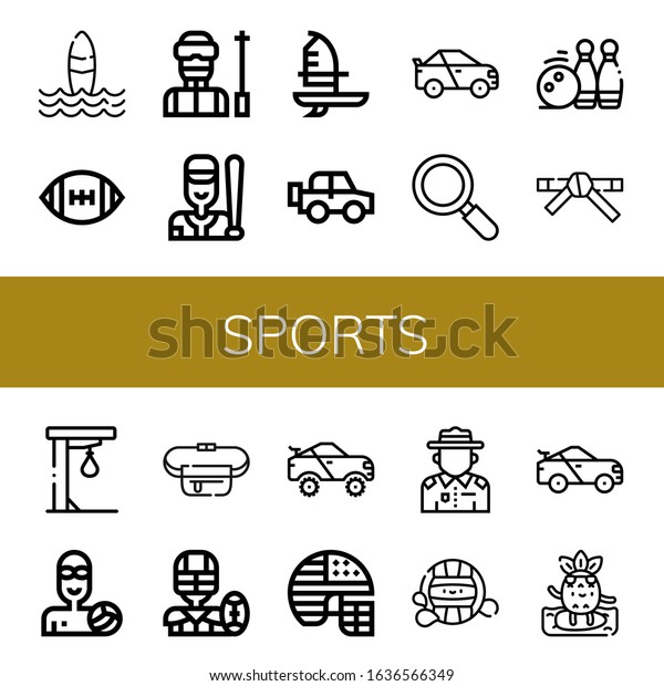 Set of sports\
icons. Such as Surf, American football, Ski, Baseball, Windsurf,\
Off road, Racing car, Active, Bowling pins, Black belt, Punching\
ball, Waterpolo , sports\
icons