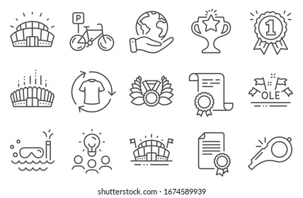 Set of Sports icons, such as Victory, Whistle. Diploma, ideas, save planet. Sports arena, Certificate, Arena stadium. Scuba diving, Reward, Ole chant. Vector