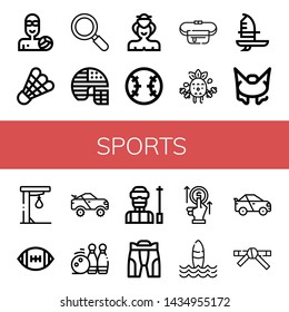 Set of sports icons such as Waterpolo, Shuttlecock, Active, Football helmet, Sumo, Baseball, Belt pouch, Exercise, Windsurf, Bungee jumping, Punching ball, American football , sports