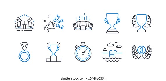 Set of Sports icons, such as Winner podium, Arena stadium, Winner, Ole chant, Timer, Medal, Swimming pool, Sports arena, Award cup, Laureate award line icons. Line winner podium icon. Vector