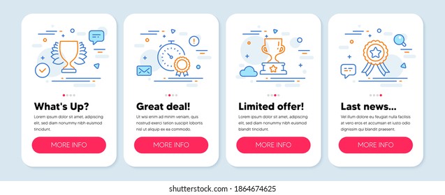 Set of Sports icons, such as Winner, Winner cup, Best result line icons. Mobile screen mockup banners. Sports achievement, Award cup, Timer award. Winner icons. Mobile app carousel. Vector