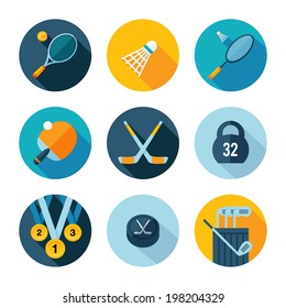 Set of sports icons. Vector sport equipment in flat modern style. 