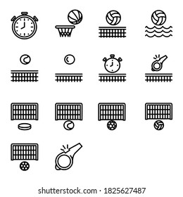 A set of sports icons, whistle stopwatch and other sports