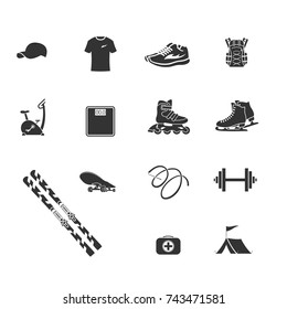 Set of sports inventory. Black vector icons on a white background.