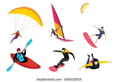 Set of sports isolated on white background: Paraglider, kitesurfe, snowboarder, skydiver, kayaking.