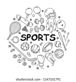 set of sports items doodles hand drawn Line icons on white Background.printing wallpaper.vector illustration