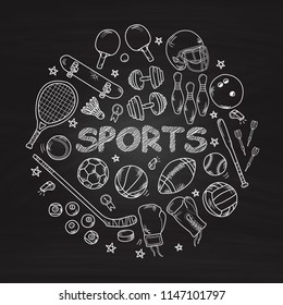 

set of sports items doodles hand drawn Line icons on Chalkboard Background.printing wallpaper.vector illustration