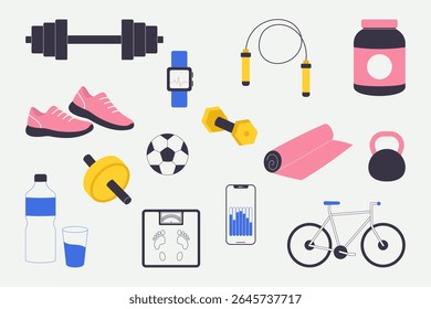 A set of sports items: dumbbells, sneakers, jump rope, yoga mat, bicycle, fitness watch, water bottle, and more. Bright flat style for fitness design and advertising.