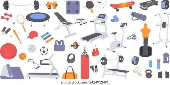 set of sports items, everything for sports, exercise equipment, rackets, dumbbells in a flat style on a white background vector