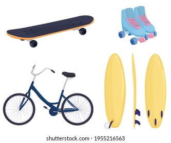 set of sports items: skateboard, roller skates, bike, surfboard isolated on white background. sports accessories and paraphernalia. summer sports. active lifestyle. vector flat.