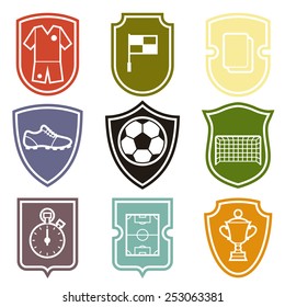 Set of sports labels with soccer football symbols in flat style.