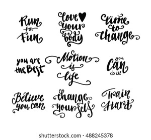 Set of Sports lettering quote. Labels and emblems vector illustration.  Sport motivation saying. Motivational poster for gym, phrase for t-shirt. 